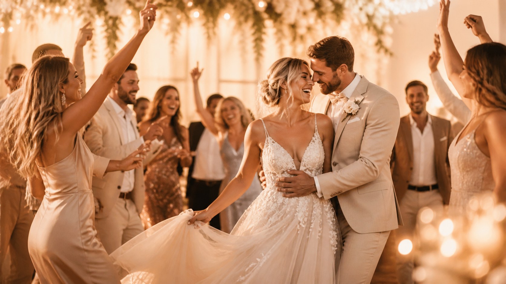 Hochzeitsparty mit Brautpaar und Gästen auf der Tanzfläche